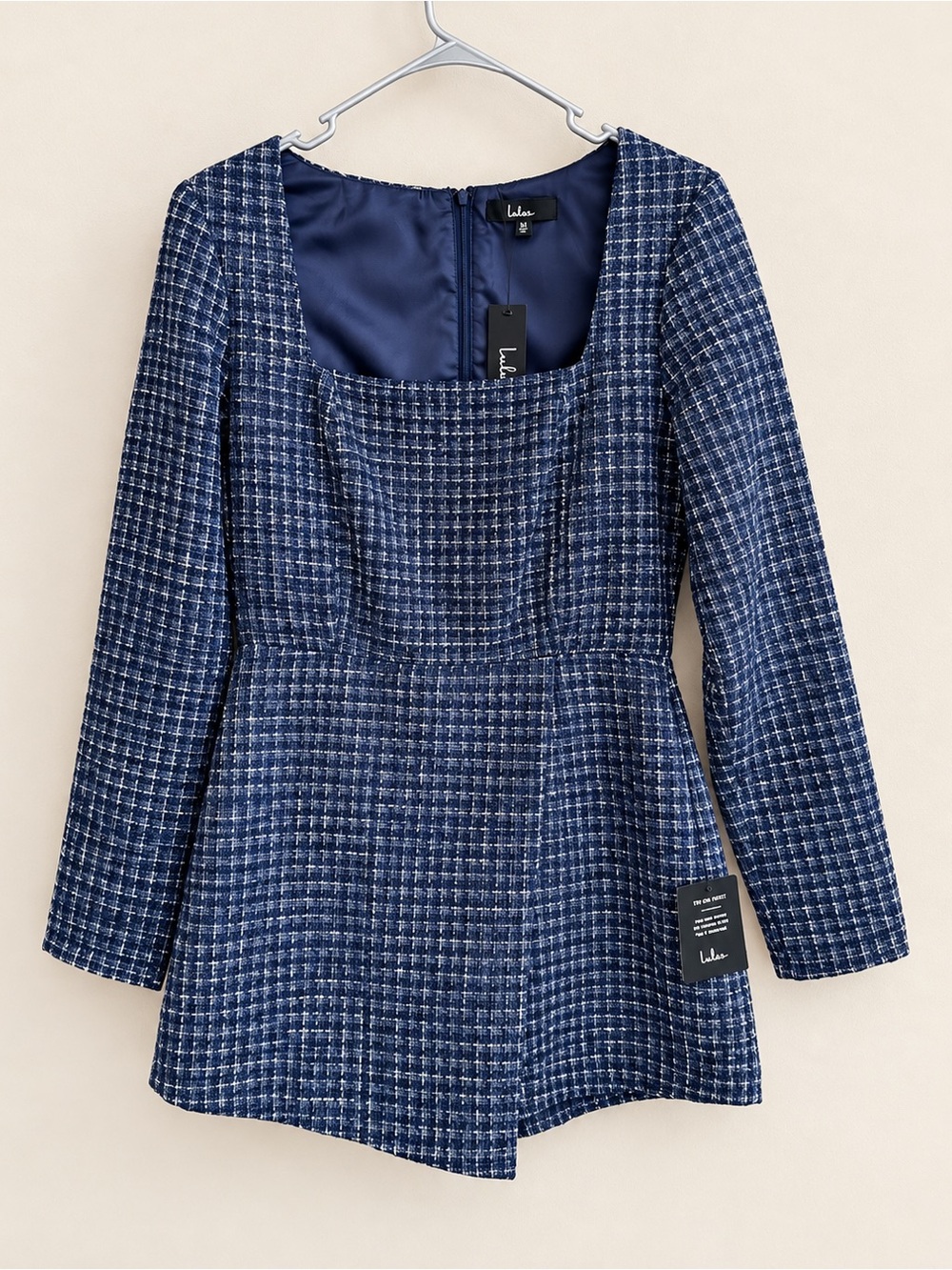 Lulus Cultivated Poise Navy Blue Tweed Skort Romper L NWT Square Neck